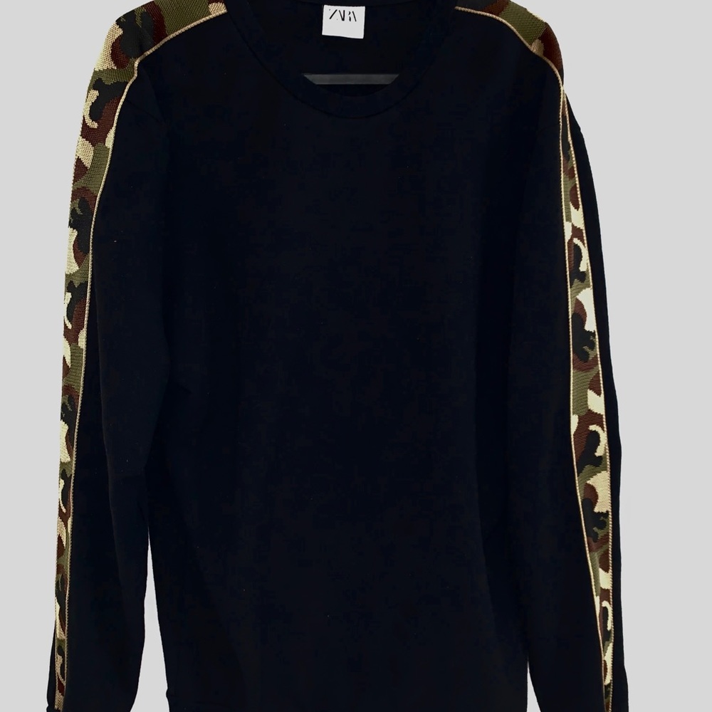 Zara Black Crewneck w/ Camo Stripes